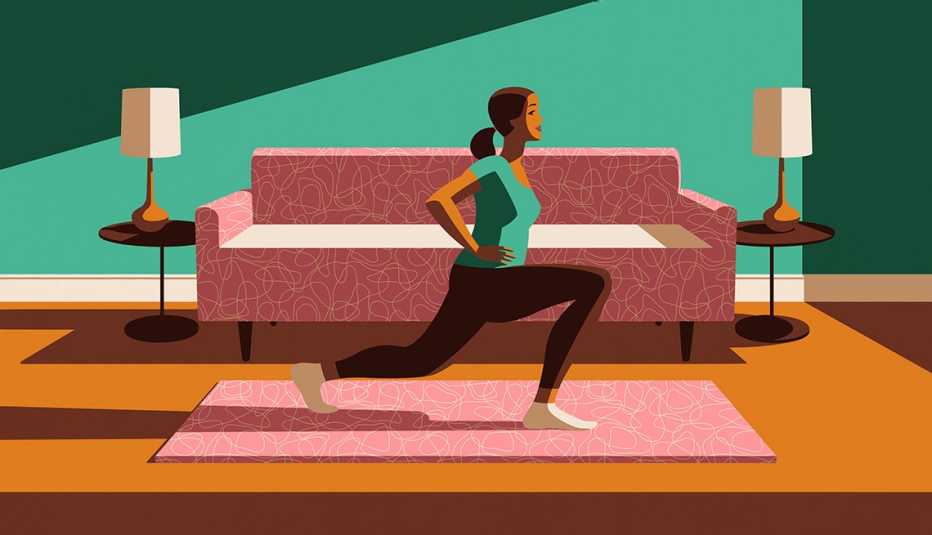 illustration of a woman doing a leg unge in her living room